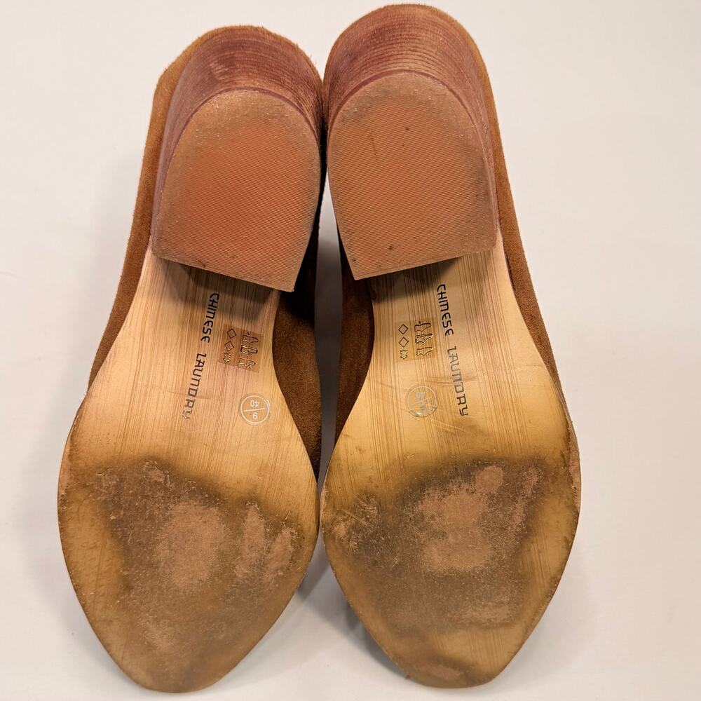 Chinese Laundry Kelso Suede Mule Booties Size 9 Tan Pointed Toe Block Heel - Picture 6 of 10